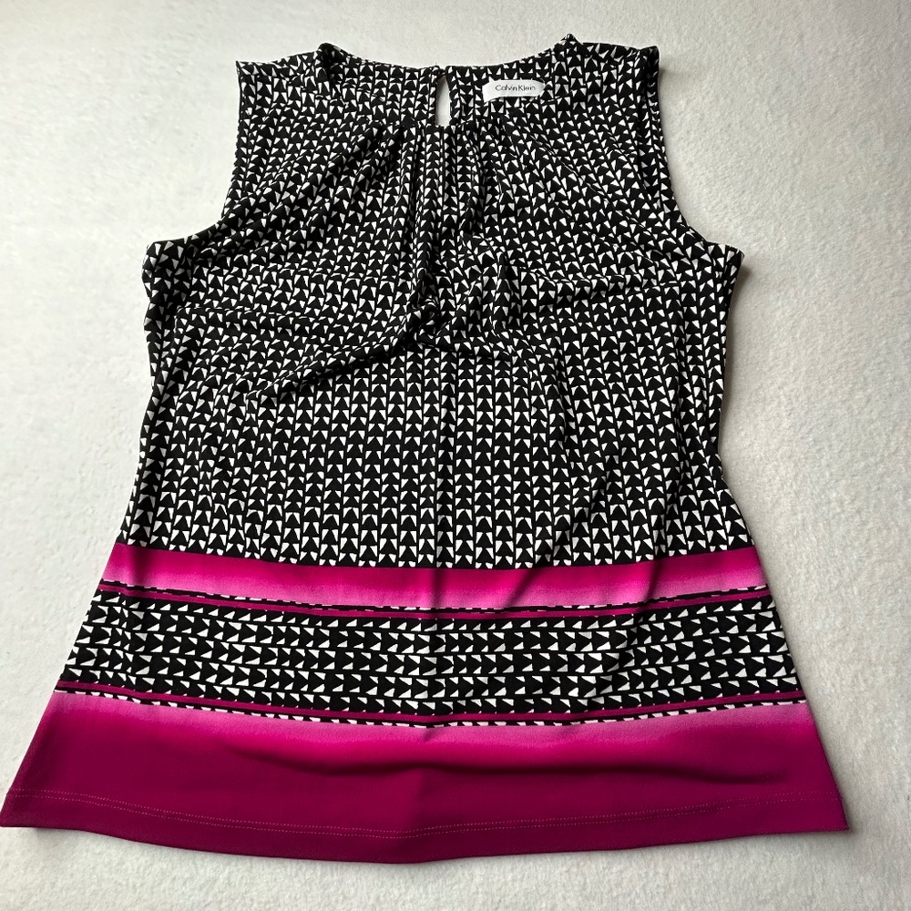 Calvin Klein Blouse Sleeveless Top Printed Pleat Neck Small Women